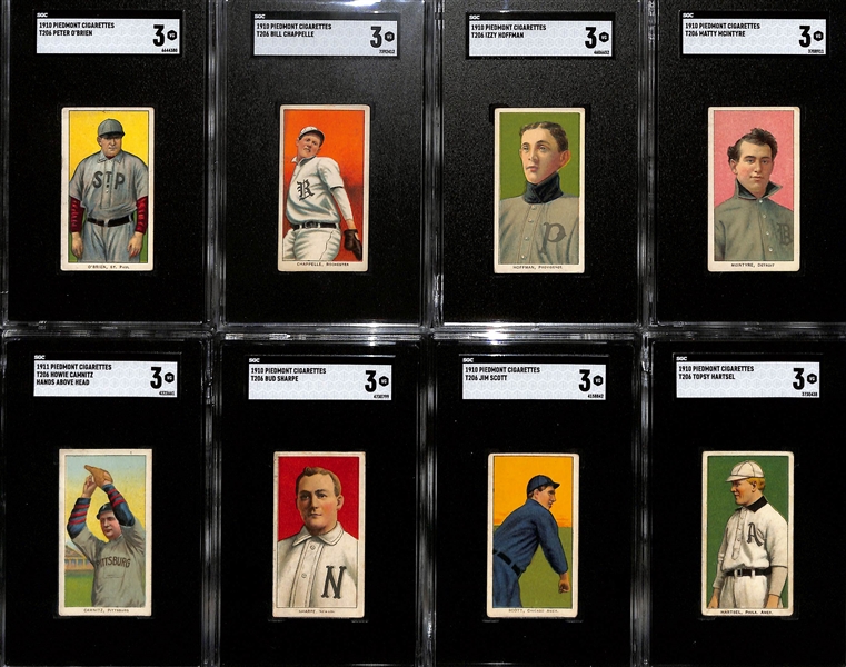 (8) 1910-11 T206 Piedmont Cigarettes Tobacco Cards (Each Graded SGC 3) - McIntyre, Camnitz (Hands Above Head), OBrien, Chappelle, Hoffman, Sharpe, Scott, Hartsel