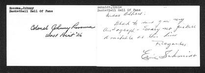 (2) Basketball HOFer Signed Index Cards w. Ernie Schmidt (d. 1983) and Johnny Roosma (d. 1986) - JSA Auction Letter