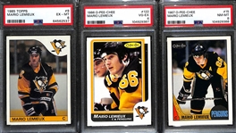 Lot of (3) PSA Graded Mario Lemieux Hockey Cards Including 1985 Rookie Card Graded PSA 6 