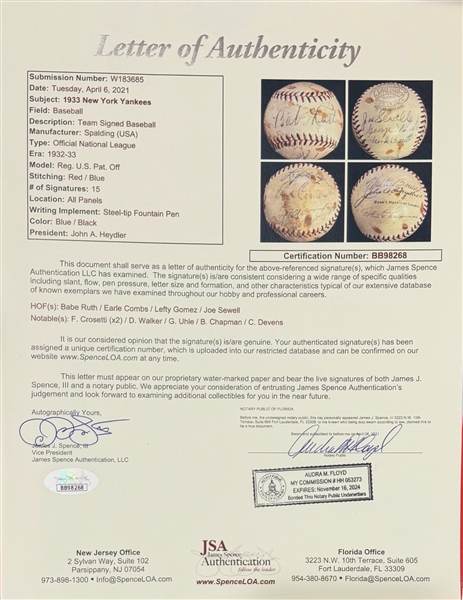 1933 New York Yankees Signed Baseball w. Babe Ruth, Earle Combs, Lefty Gomez, Joe Sewell, F. Crosetti (2x), Walker, Uhle, Chapman, Devens, + (Inc. Full JSA LOA)  - 15 Signatures - Comes from the...