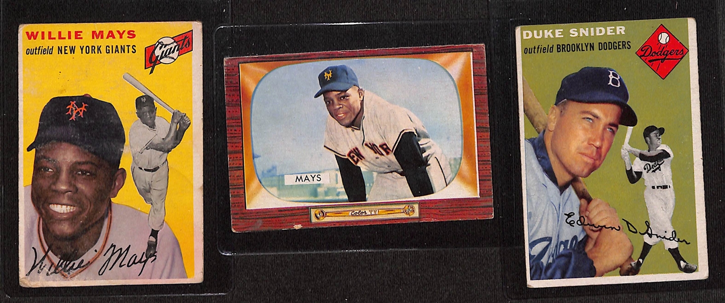 (11) 1954-1955 HOF Baseball Cards w. 1954 Topps Mays, (2) 1955 Bowman Mays, 1955 Topps Banks, 1955 Bowman Berra, (2) Snider, & (4) Mathews