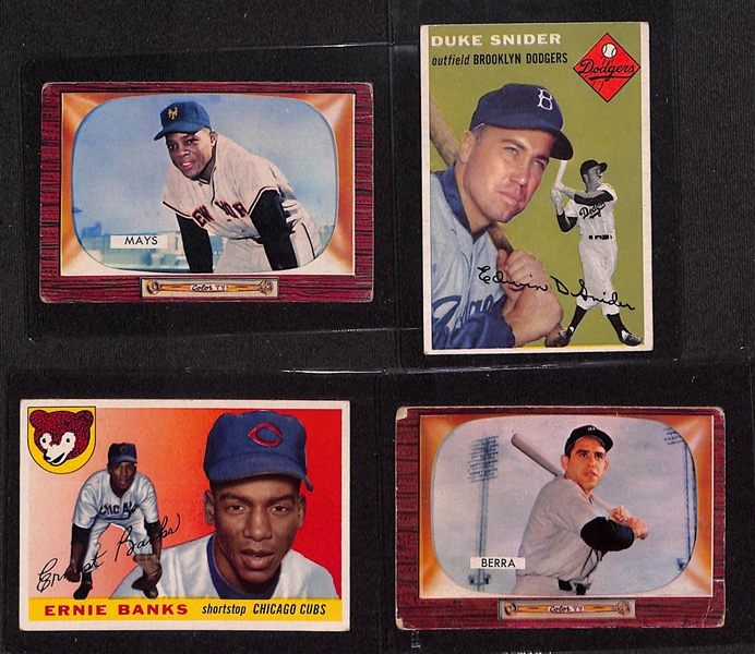 (11) 1954-1955 HOF Baseball Cards w. 1954 Topps Mays, (2) 1955 Bowman Mays, 1955 Topps Banks, 1955 Bowman Berra, (2) Snider, & (4) Mathews