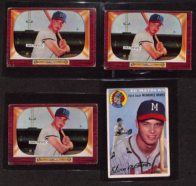 (11) 1954-1955 HOF Baseball Cards w. 1954 Topps Mays, (2) 1955 Bowman Mays, 1955 Topps Banks, 1955 Bowman Berra, (2) Snider, & (4) Mathews