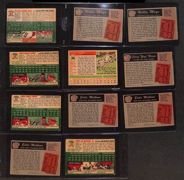 (11) 1954-1955 HOF Baseball Cards w. 1954 Topps Mays, (2) 1955 Bowman Mays, 1955 Topps Banks, 1955 Bowman Berra, (2) Snider, & (4) Mathews