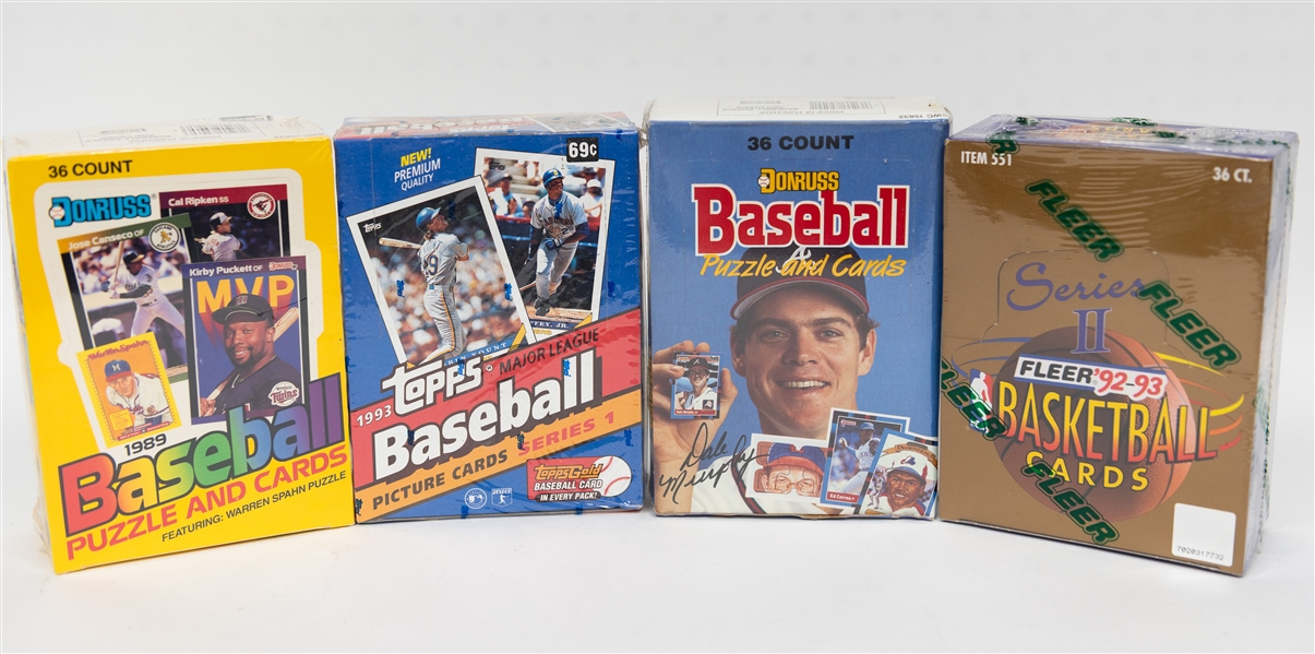 Lot of (4) Sealed Wax Boxes - 1988 Donruss Baseball, 1992-93 Fleer Basketball Series 2 (Shaquille O'Neal Rookie Potential), 1989 Donruss Baseball, 1993 Topps Baseball