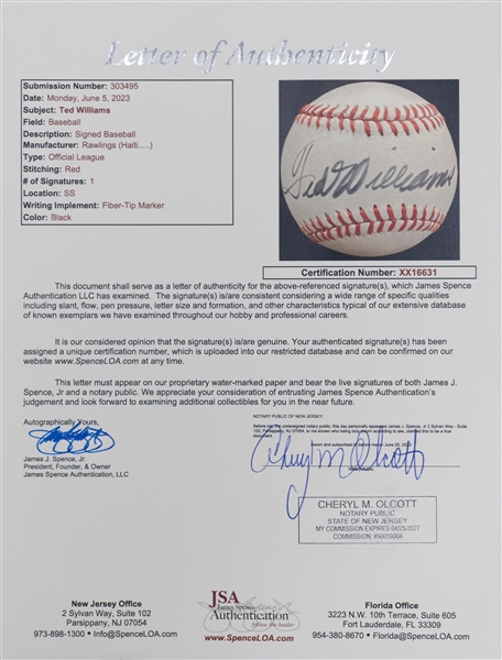Ted Williams Signed Rawlings Official League Baseball - JSA LOA