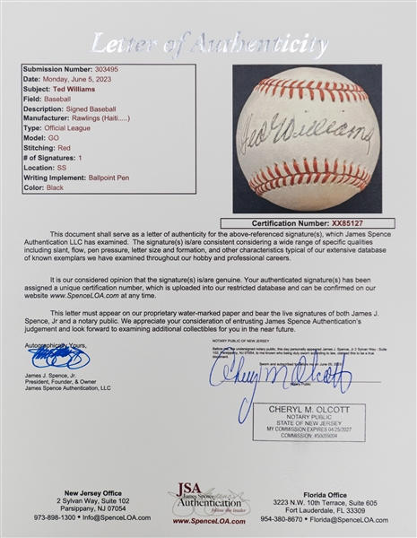 Ted Williams Signed Rawlings Official League Baseball - JSA LOA