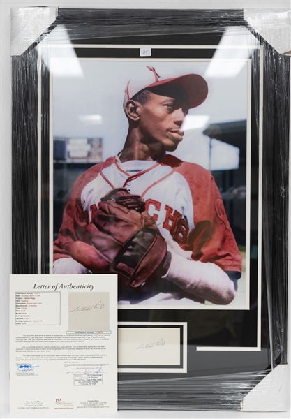 Satchel Paige Signed 3x5 Index Card with a Framed Photo Display - JSA LOA