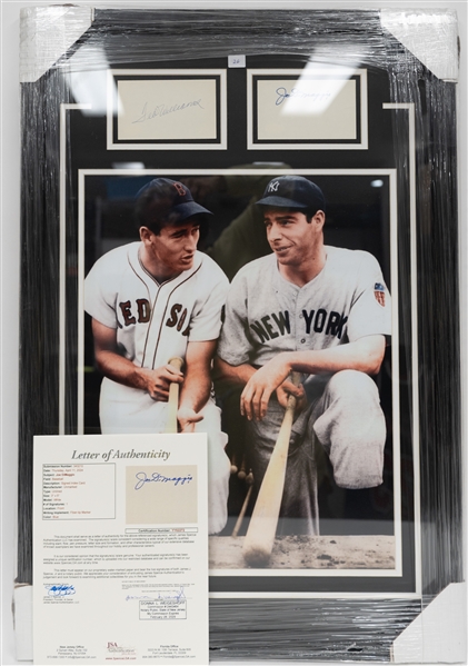 Ted Williams & Joe DiMaggio Photo Display with Signed 3x5 Index Cards of Each Hall of Famer - Full JSA LOA for Each