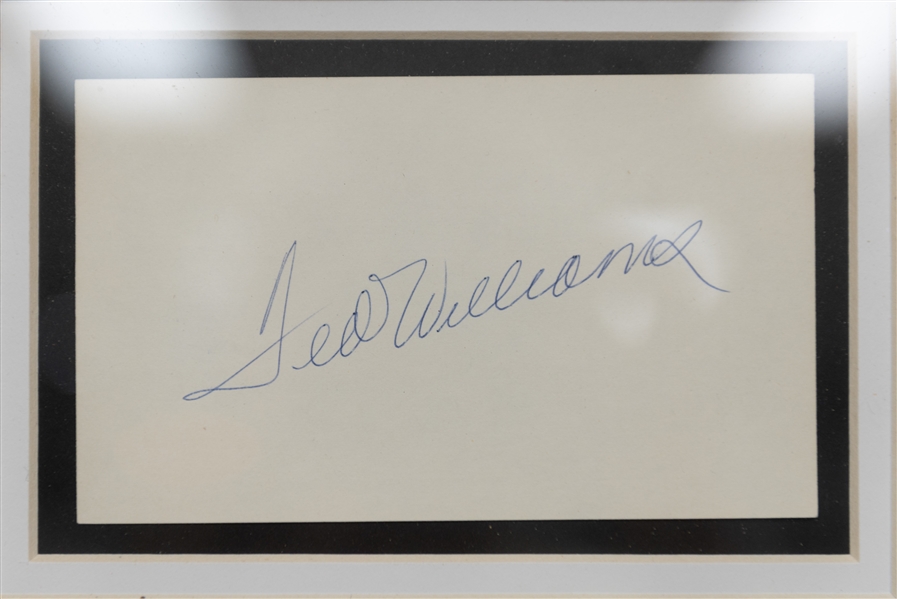 Ted Williams & Joe DiMaggio Photo Display with Signed 3x5 Index Cards of Each Hall of Famer - Full JSA LOA for Each