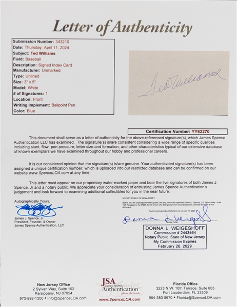 Ted Williams & Joe DiMaggio Photo Display with Signed 3x5 Index Cards of Each Hall of Famer - Full JSA LOA for Each