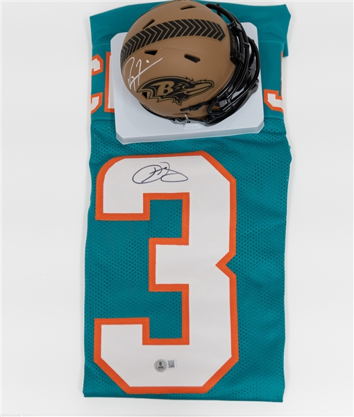 Signed Football Memorabilia Lot w. Odell Beckham Jr Custom Jersey & Ray Lewis Signed Raven's Salute to Service Helmet (both Beckett COA)
