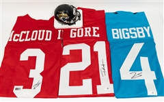 Lot of (4) Signed Football Memorabilia Items w. Tank Bigsby, Frank Gore, & Ray-Ray McCloud III (all JSA Authenticated)