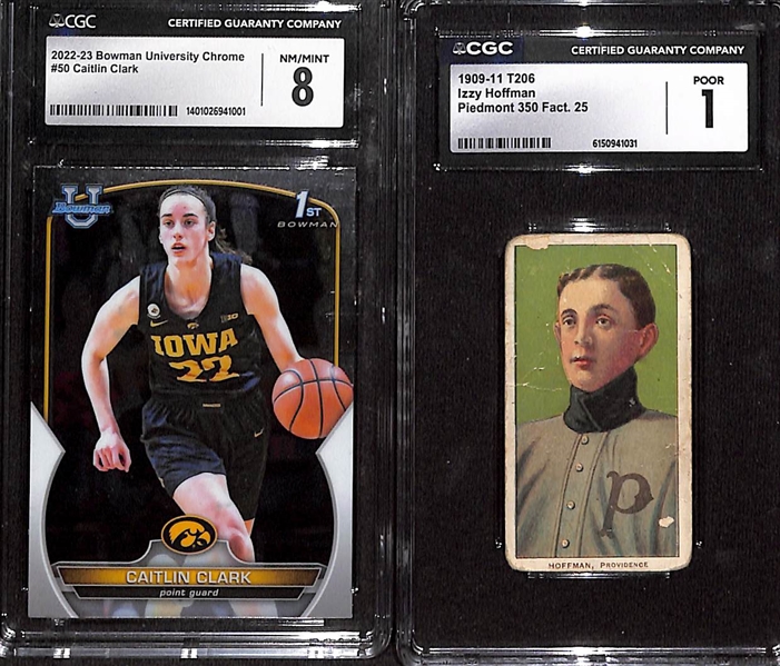 Lot of (19) Sports Cards w. 2022/23 Bowman U. Chrome Caitlyn Clark CGC 8 & 909-11 Izzy Hoffman T205 CGC 1 