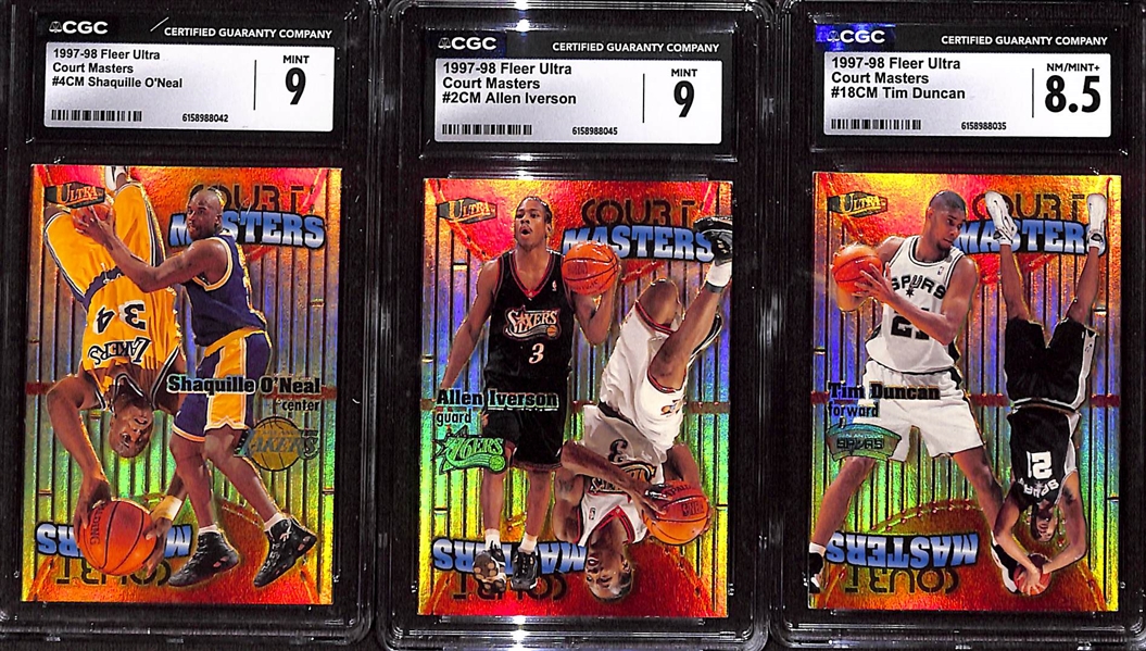 (3) CGC Graded 1997-98 Fleer Ultra Court Masters Basketball Cards w. Hall of Famers Shaquille O'Neal, Allen Iverson & Tim Duncan