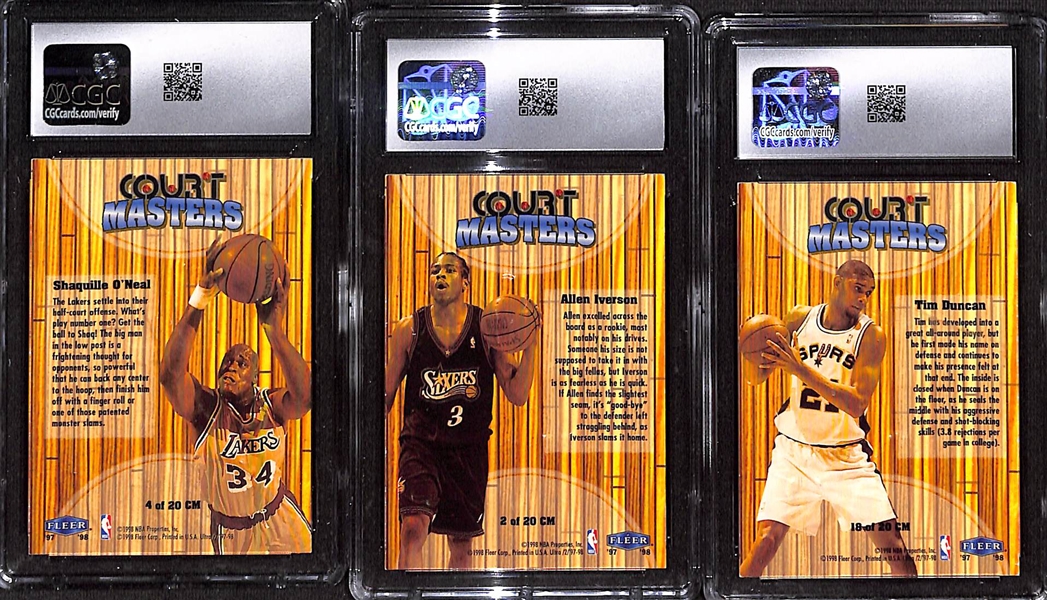 (3) CGC Graded 1997-98 Fleer Ultra Court Masters Basketball Cards w. Hall of Famers Shaquille O'Neal, Allen Iverson & Tim Duncan