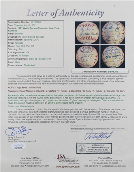 1961 New York Yankees (World Champions) Signed Baseball w. 25 Signatures (w. Maris, Berra, Ford, +) - Mickey Mantle is Clubhouse Signed (Full JSA LOA)