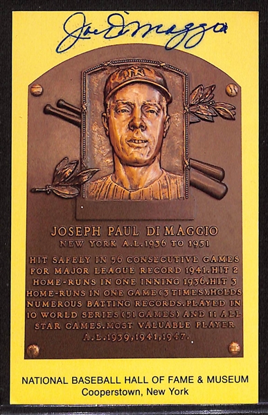 Joe DiMaggio Signed Hall of Fame Plaque Card (JSA Auction Letter)