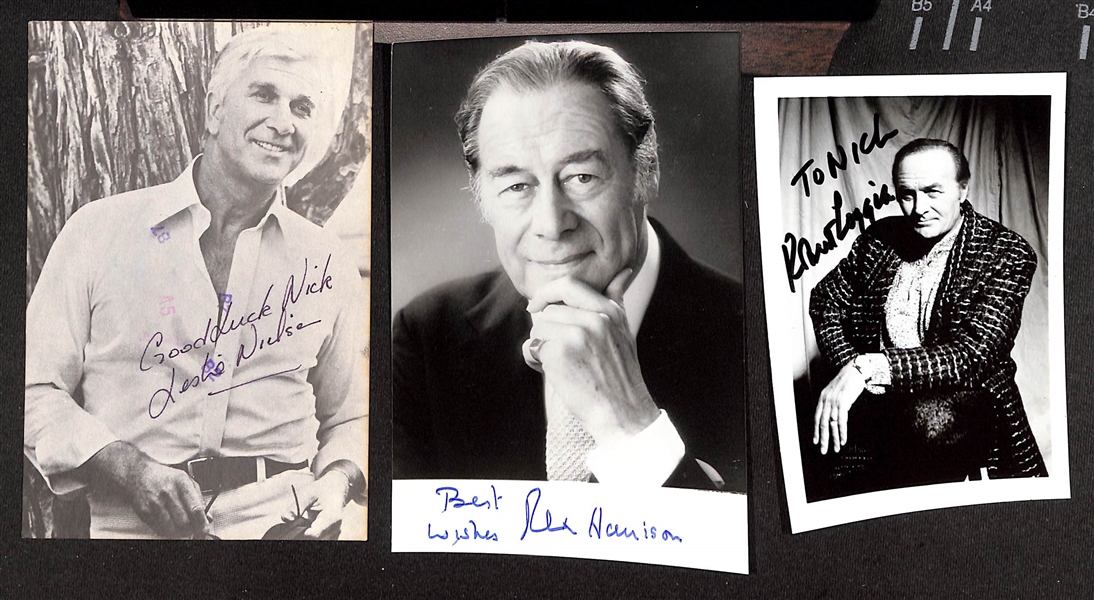 Lot of (45+) Signed Male Actor Photos & Prints (postcard sized) w. Leslie Neilson, Rex Harrison, More (JSA Auction Letter)