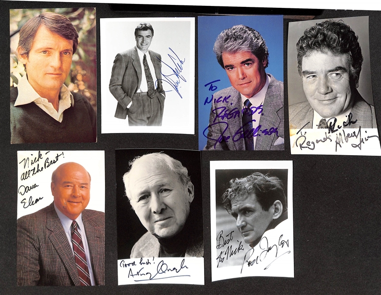 Lot of (45+) Signed Male Actor Photos & Prints (postcard sized) w. Leslie Neilson, Rex Harrison, More (JSA Auction Letter)