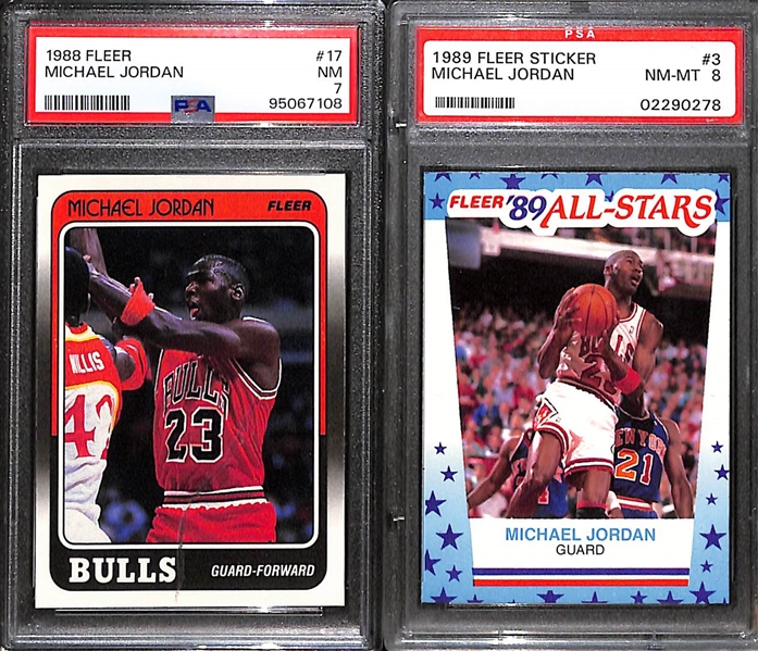 Lot of (2) PSA Graded Fleer Michael Jordan Cards- 1988 #17 PSA 7, 1989 Sticker #3 PSA 8