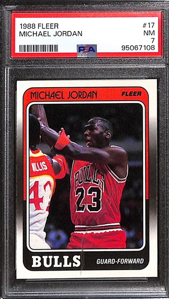 Lot of (2) PSA Graded Fleer Michael Jordan Cards- 1988 #17 PSA 7, 1989 Sticker #3 PSA 8