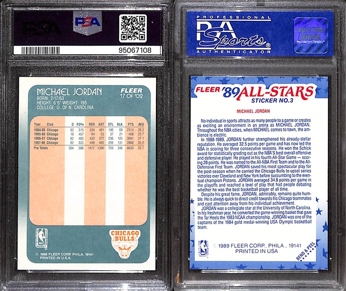 Lot of (2) PSA Graded Fleer Michael Jordan Cards- 1988 #17 PSA 7, 1989 Sticker #3 PSA 8