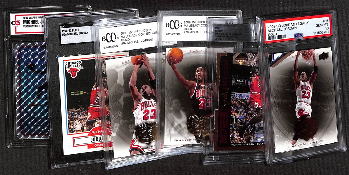 Lot of (6) Graded Michael Jordan Cards inc. 2009 UD Jordan Legacy Gold #86 (PSA 10), 1998-99 Upper Deck MJ23 Bronze Game Used Jersey (BGS Authentic), +