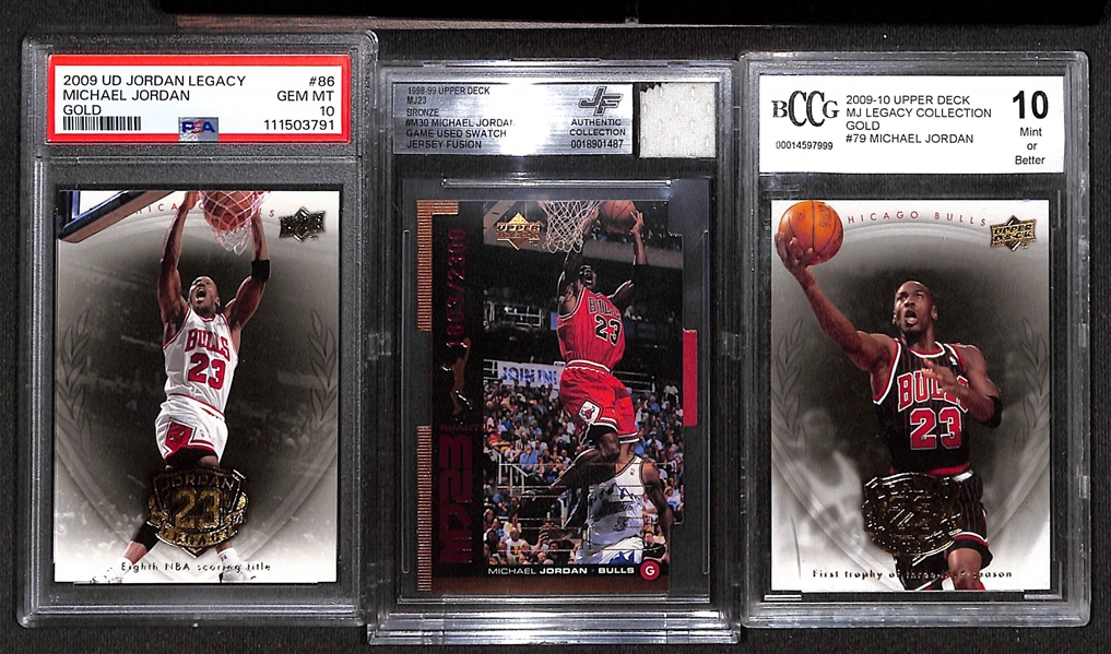 Lot of (6) Graded Michael Jordan Cards inc. 2009 UD Jordan Legacy Gold #86 (PSA 10), 1998-99 Upper Deck MJ23 Bronze Game Used Jersey (BGS Authentic), +