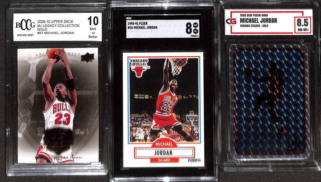 Lot of (6) Graded Michael Jordan Cards inc. 2009 UD Jordan Legacy Gold #86 (PSA 10), 1998-99 Upper Deck MJ23 Bronze Game Used Jersey (BGS Authentic), +