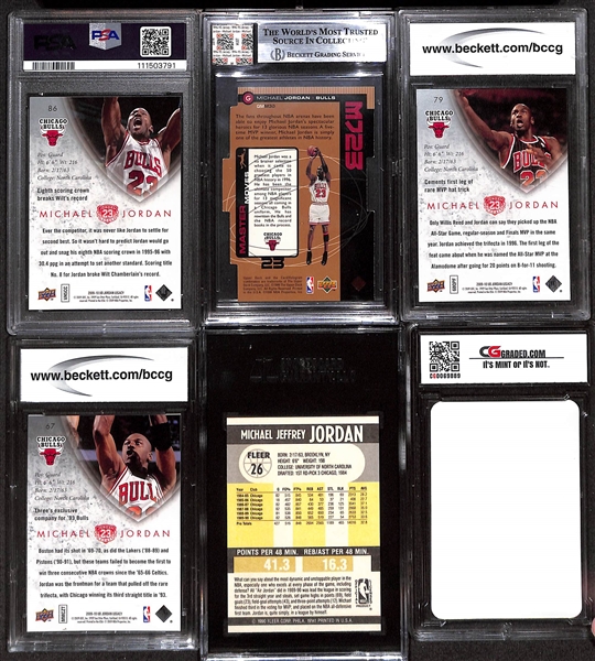 Lot of (6) Graded Michael Jordan Cards inc. 2009 UD Jordan Legacy Gold #86 (PSA 10), 1998-99 Upper Deck MJ23 Bronze Game Used Jersey (BGS Authentic), +