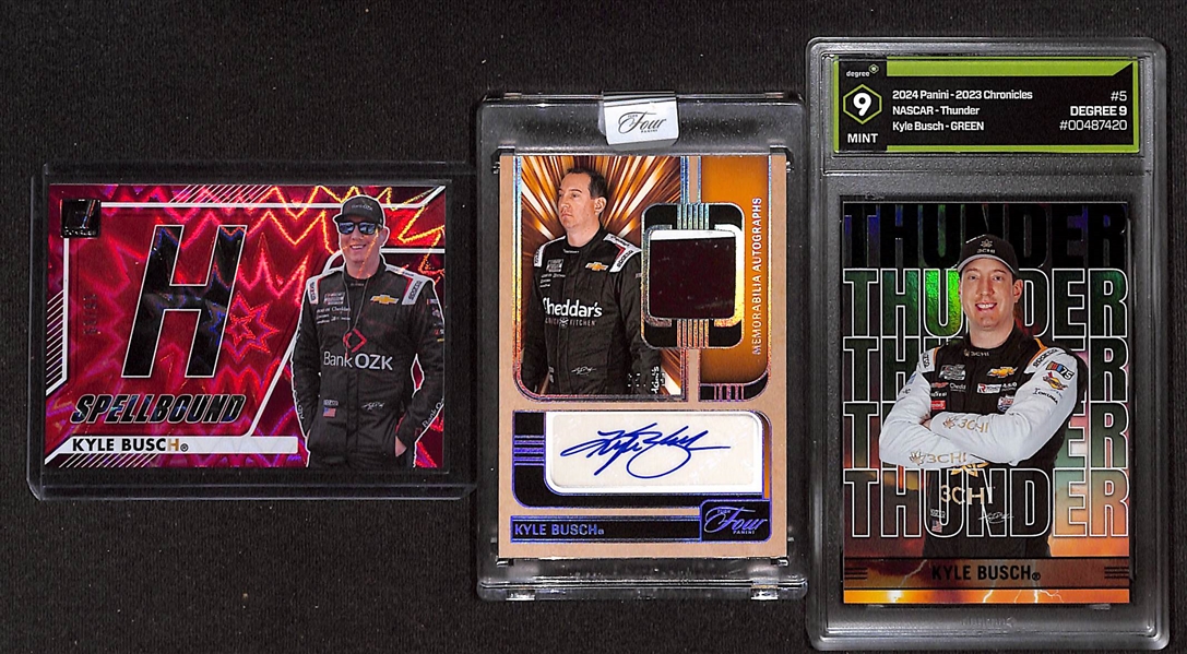 Lot of (3) Kyle Busch Cards- 2025 Panini Turn Four Patch Autograph (#/75), 2026 Donruss Spellbound (#/99), 2023 Chronicles Thunder Green Graded Degree 9