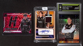 Lot of (3) Kyle Busch Cards- 2025 Panini Turn Four Patch Autograph (#/75), 2026 Donruss Spellbound (#/99), 2023 Chronicles Thunder Green Graded Degree 9