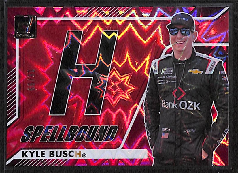 Lot of (3) Kyle Busch Cards- 2025 Panini Turn Four Patch Autograph (#/75), 2026 Donruss Spellbound (#/99), 2023 Chronicles Thunder Green Graded Degree 9