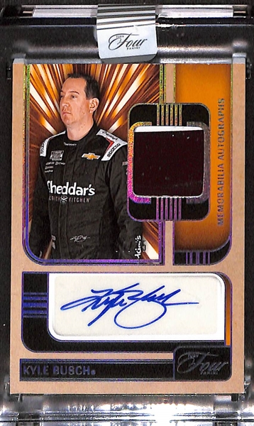 Lot of (3) Kyle Busch Cards- 2025 Panini Turn Four Patch Autograph (#/75), 2026 Donruss Spellbound (#/99), 2023 Chronicles Thunder Green Graded Degree 9