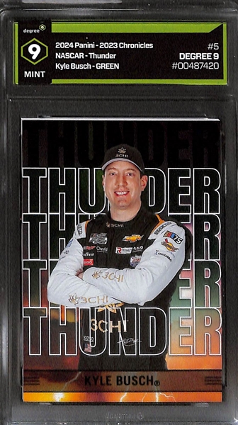 Lot of (3) Kyle Busch Cards- 2025 Panini Turn Four Patch Autograph (#/75), 2026 Donruss Spellbound (#/99), 2023 Chronicles Thunder Green Graded Degree 9