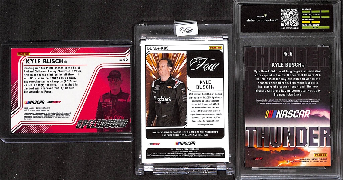 Lot of (3) Kyle Busch Cards- 2025 Panini Turn Four Patch Autograph (#/75), 2026 Donruss Spellbound (#/99), 2023 Chronicles Thunder Green Graded Degree 9