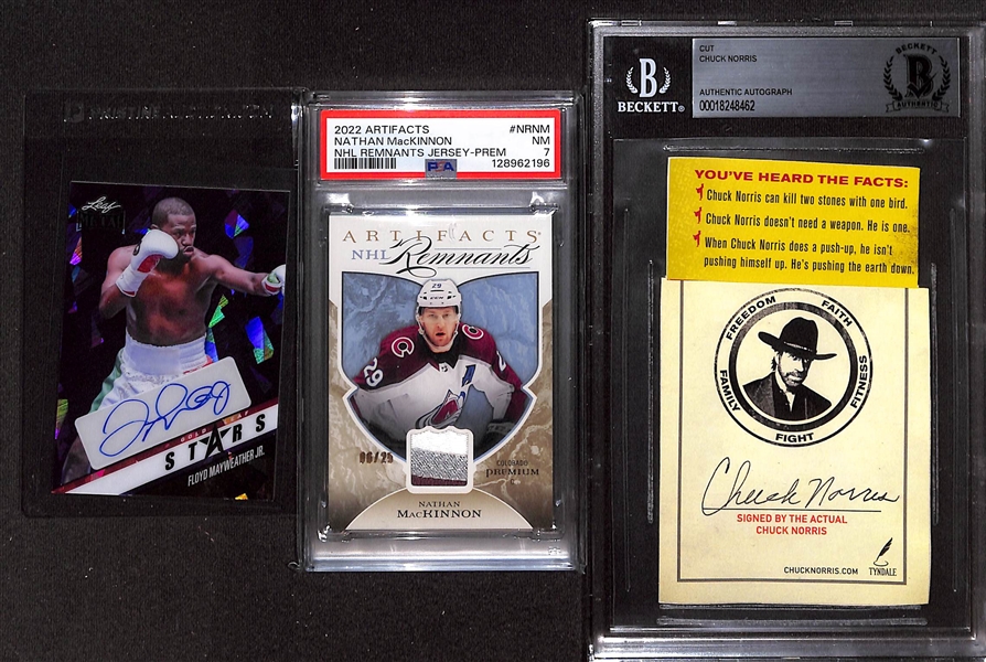 Lot of (3) Superstar Items - Leaf Metal Floyd Mayweather Jr Autograph (#7), Upper Deck Artifacts Nathan MacKinnon Jersey Patch (#/25) (PSA 7), Chuck Norris Cut Autograph (BGS Authentic)
