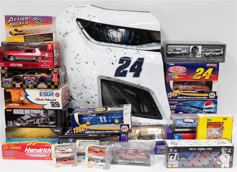 Large Racing Cards and Memorabilia Lot w. William Byron Race-Used Front Nose Car Piece, (2) Dale Earnhardt 1:24 Scale Race Cars, More