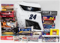 Large Racing Cards and Memorabilia Lot w. William Byron Race-Used Front Nose Car Piece, (2) Dale Earnhardt 1:24 Scale Race Cars, More