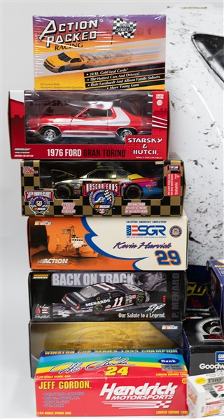 Large Racing Cards and Memorabilia Lot w. William Byron Race-Used Front Nose Car Piece, (2) Dale Earnhardt 1:24 Scale Race Cars, More