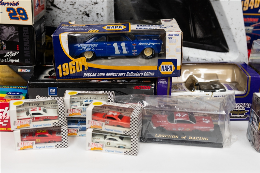 Large Racing Cards and Memorabilia Lot w. William Byron Race-Used Front Nose Car Piece, (2) Dale Earnhardt 1:24 Scale Race Cars, More
