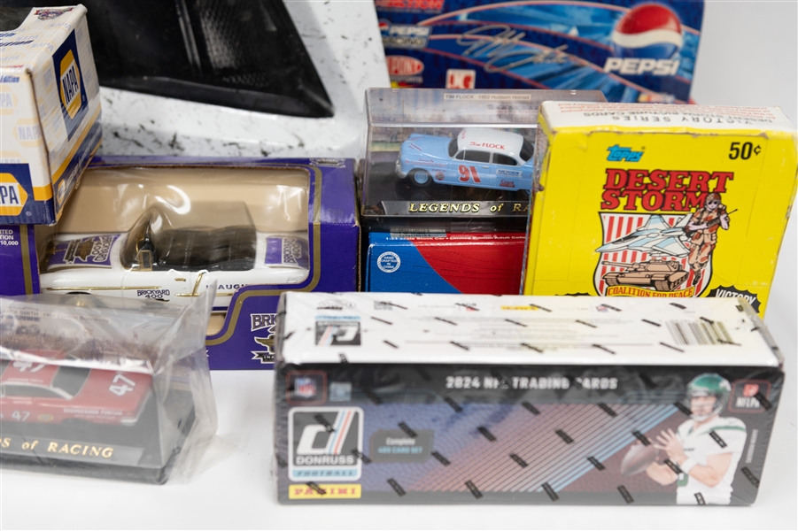 Large Racing Cards and Memorabilia Lot w. William Byron Race-Used Front Nose Car Piece, (2) Dale Earnhardt 1:24 Scale Race Cars, More