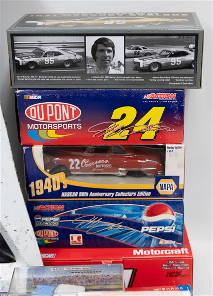 Large Racing Cards and Memorabilia Lot w. William Byron Race-Used Front Nose Car Piece, (2) Dale Earnhardt 1:24 Scale Race Cars, More