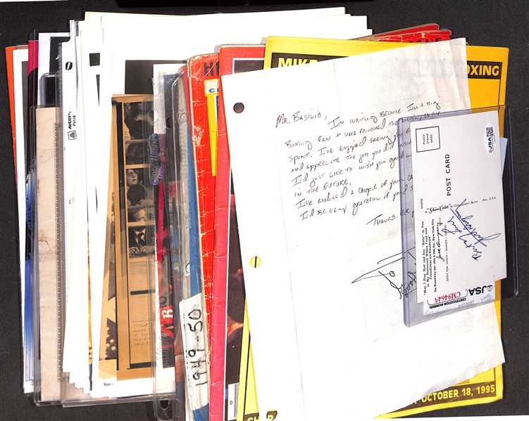 Boxing Memorabilia Lot of (50) Pieces w. Autographs, Photos, & Magazines w. Jack Dempsey Signed Postcard (JSA Auction Letter) 