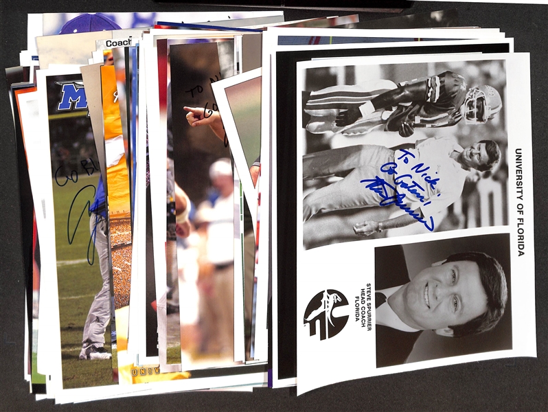 Lot of (70+) College Football Coach Signed Photos/Prints (primarily 8x10) w. Steve Spurrier, Mack Brown, Les Miles (JSA Auction Letter)