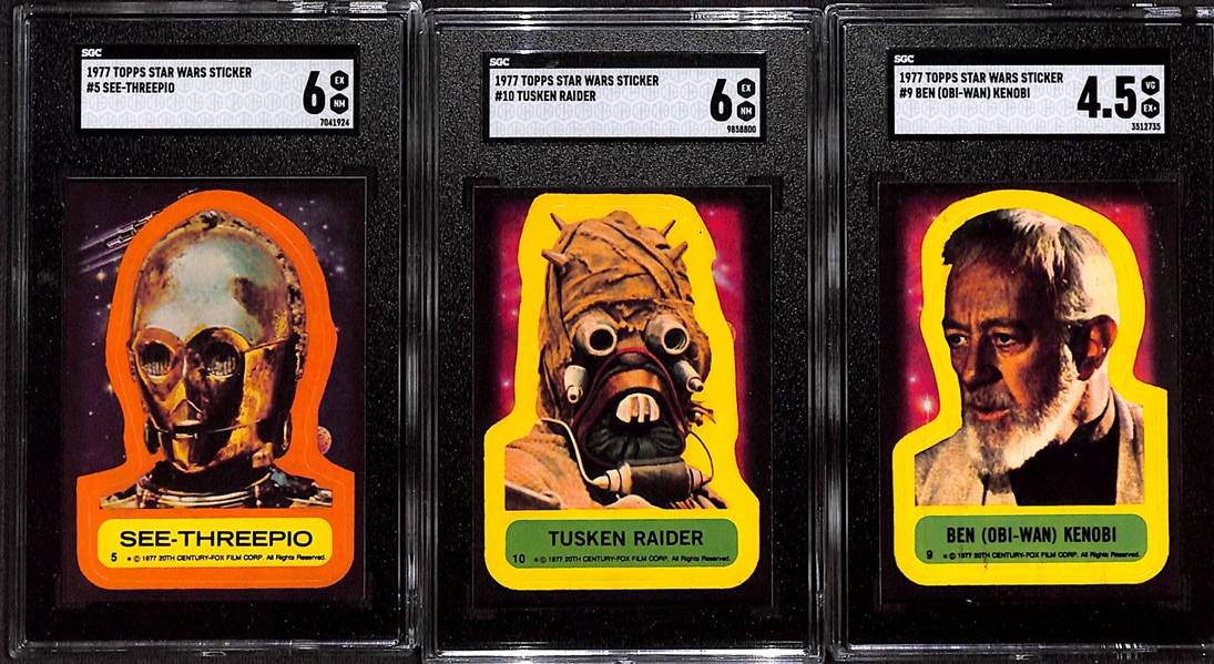 Lot of (6) Graded 1977 Topps Star Wars Stickers w. #5 C-3PO (SGC 6) & #2 Princess Leia Organa (SGC 4)