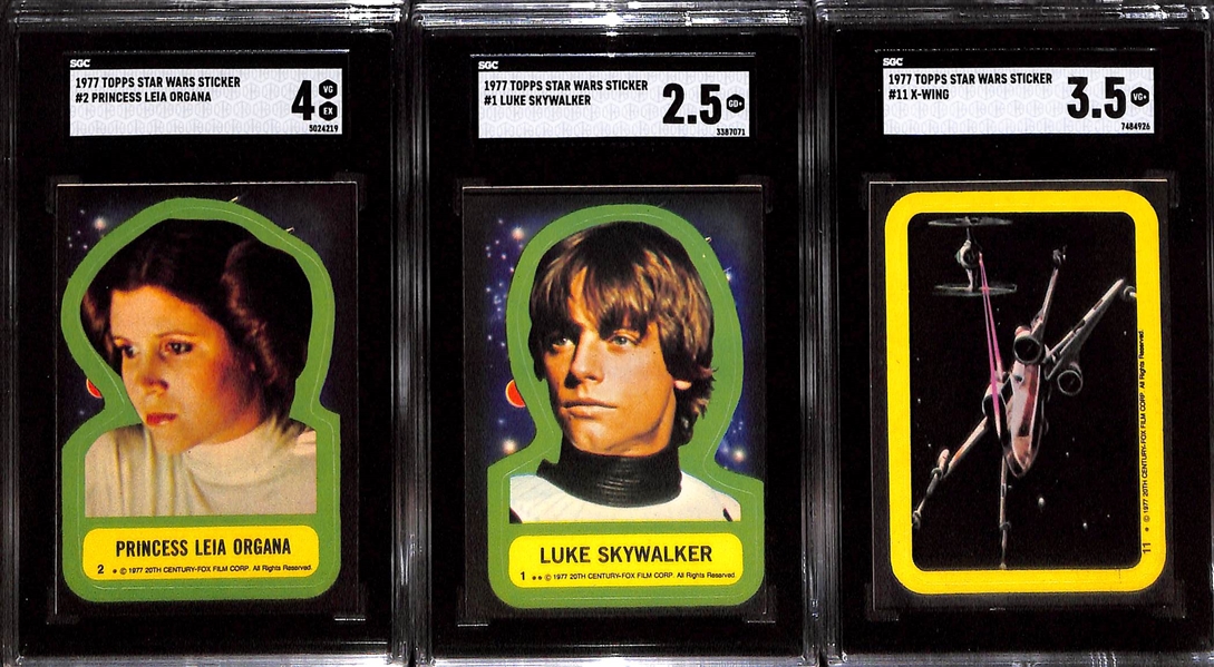 Lot of (6) Graded 1977 Topps Star Wars Stickers w. #5 C-3PO (SGC 6) & #2 Princess Leia Organa (SGC 4)